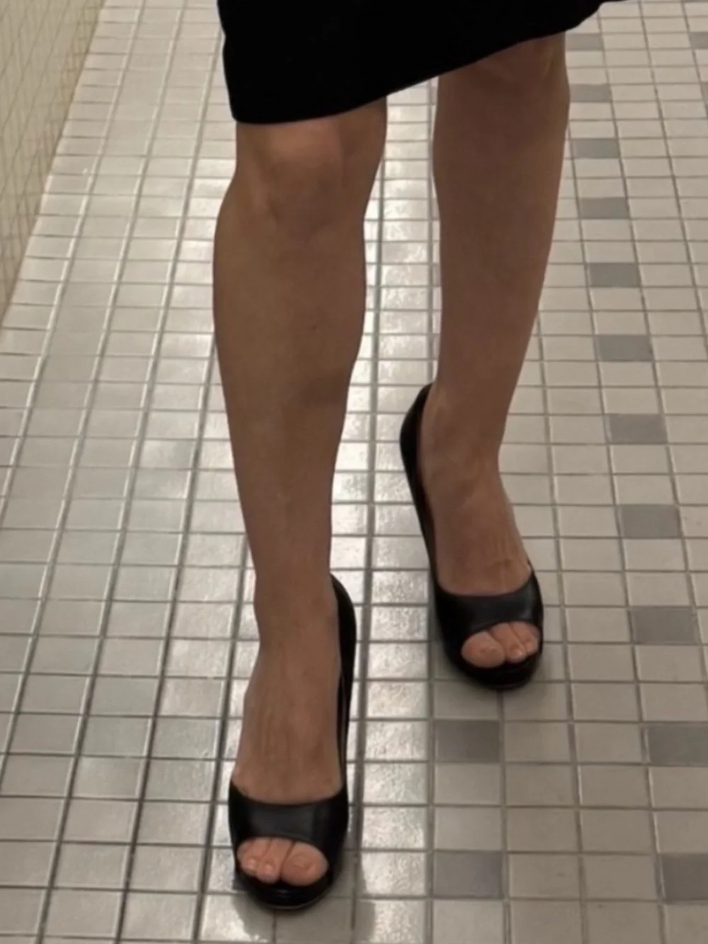 CHANEL Black Leather Cork Block Heel Peep-Toe Pumps EUC